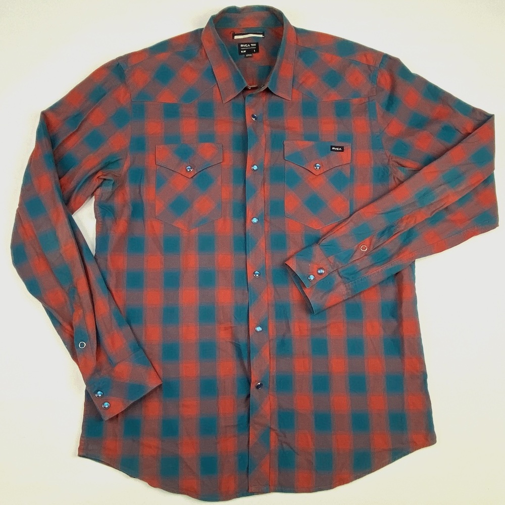 RVCA Men's Red & Teal Plaid Button-Up Shirt